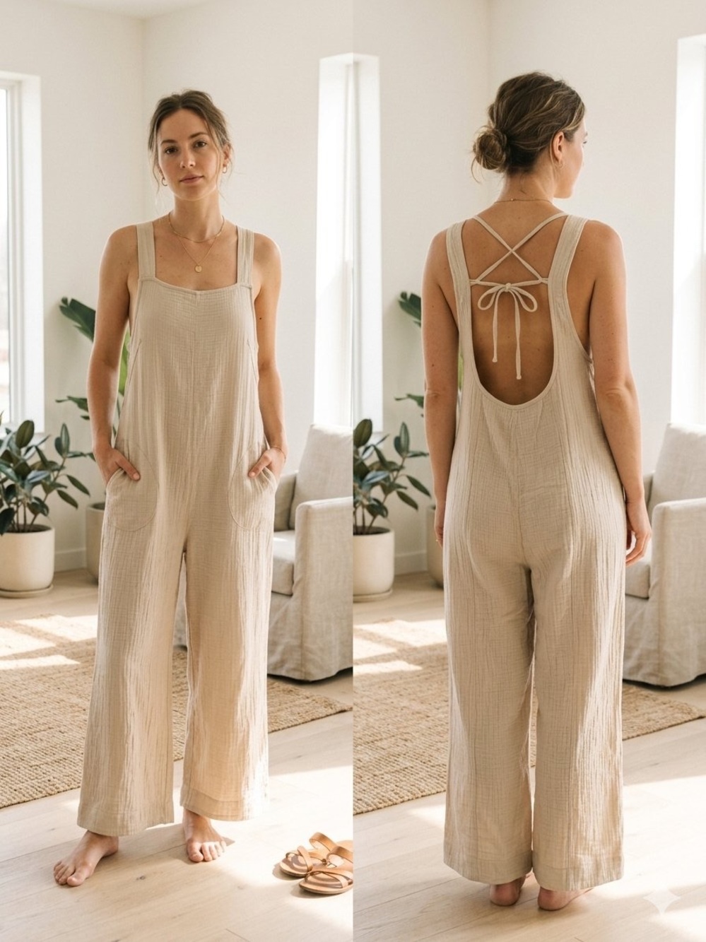Zenana Outfitters Beige Gauze Tie-Back Wide-Leg Jumpsuit